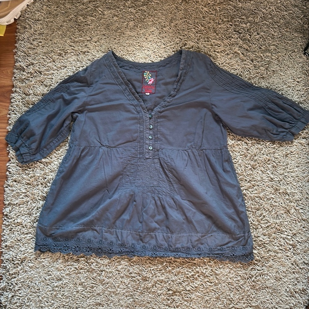 Johnny Was Boho Cottagecore Whimsigoth Navy Babydoll Lace Flowy Blouse SzXL - Picture 2 of 6